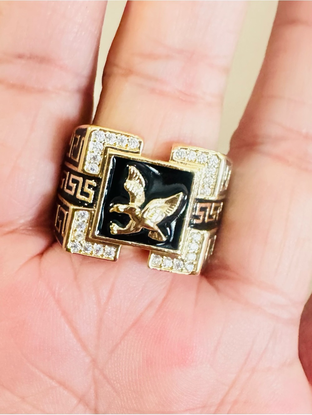 18K Gold Plated Black enamel with Eagle Signet Ring for Men. Adjustable. New